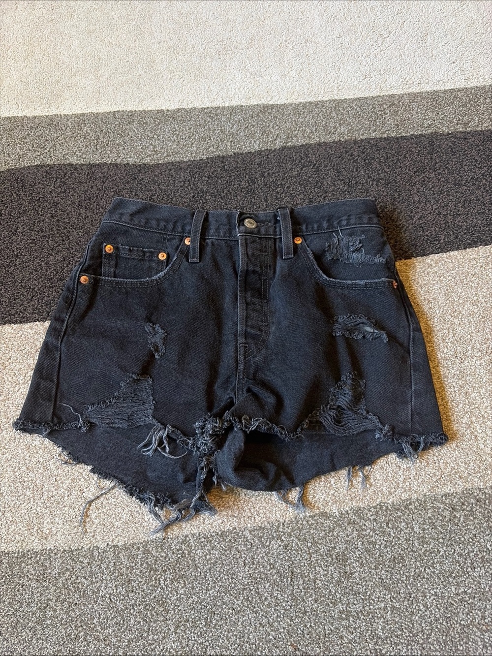 Levi's 501 Shorts Womens W27 Black Denim High Rise Cutoff Button Fly Raw Hem